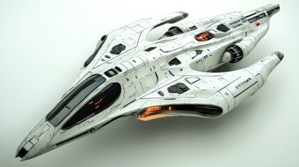 Create a 3D rendered image of a futuristic spacecraft, with advanced technology, sleek design,