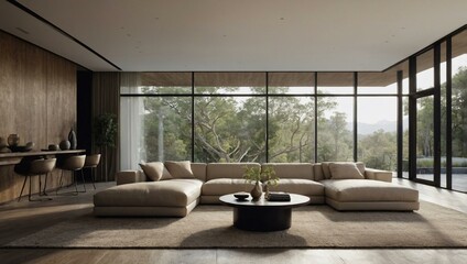 Spacious living room with beige sectional and serene outdoor view