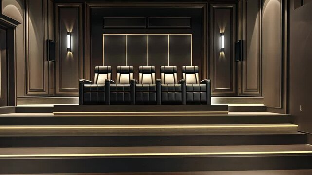 Elegant home theater setup with plush seating and ambient lighting captured in a luxurious private space