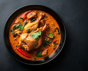 Thai roasted duck curry is beautifully presented on black plate, showcasing vibrant colors and rich...