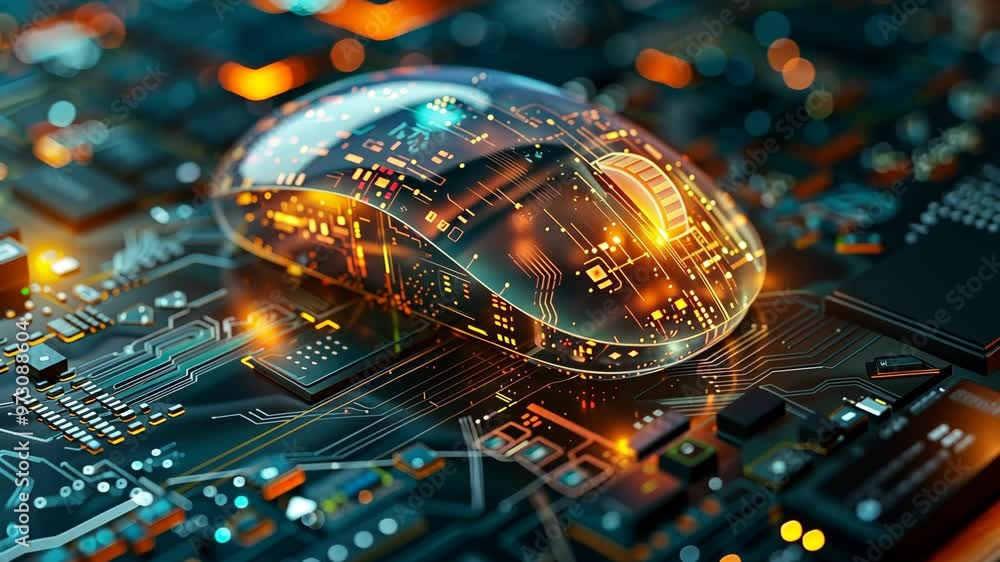 Poster innovative computer mouse design showcased with advanced circuit board elements in a futuristic sett