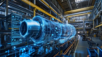 Fototapeta premium Digital twin of an industrial air with digital overlay showing data and collaboration icons, highlighting the integration between blue rocket on one side