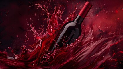 Fototapeta premium Wine Bottle with Red Wine Splash: A wine bottle with a splash of red wine flowing around it. 