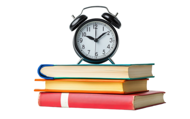 Alarm clock with stack of book on transparent background, png	