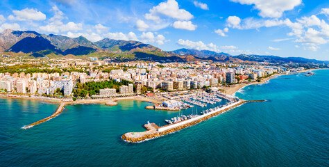 Obraz premium Marbella city port and beach aerial panoramic view