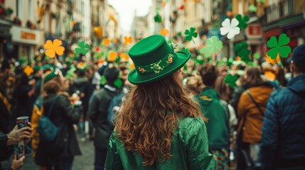 Fototapeta premium St. Patrick's Day parade in Ireland, with people dressed in green, shamrocks everywhere, and lively Irish music playing as crowds celebrate in the streets