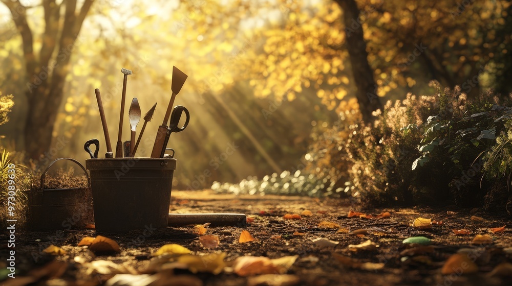 Poster create an image of a gardener's workspace in a forest clearing, featuring autumn gardening tools and