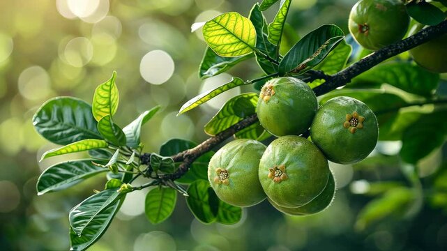 Exploring the beauty of leafy guava trees with ripe fruit in lush greenery