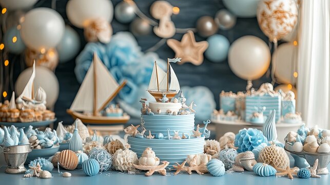 Nautical Themed Birthday Cake with Sailboat Decoration and Seashell Accents