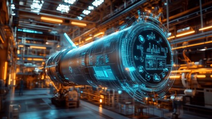Obraz premium Digital twin of an industrial air with digital overlay showing data and collaboration icons, highlighting the integration between blue rocket on one side