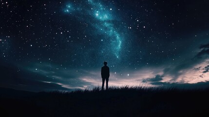 Fototapeta premium Stunning night sky with a galaxy of stars and a silhouette of a person stargazing