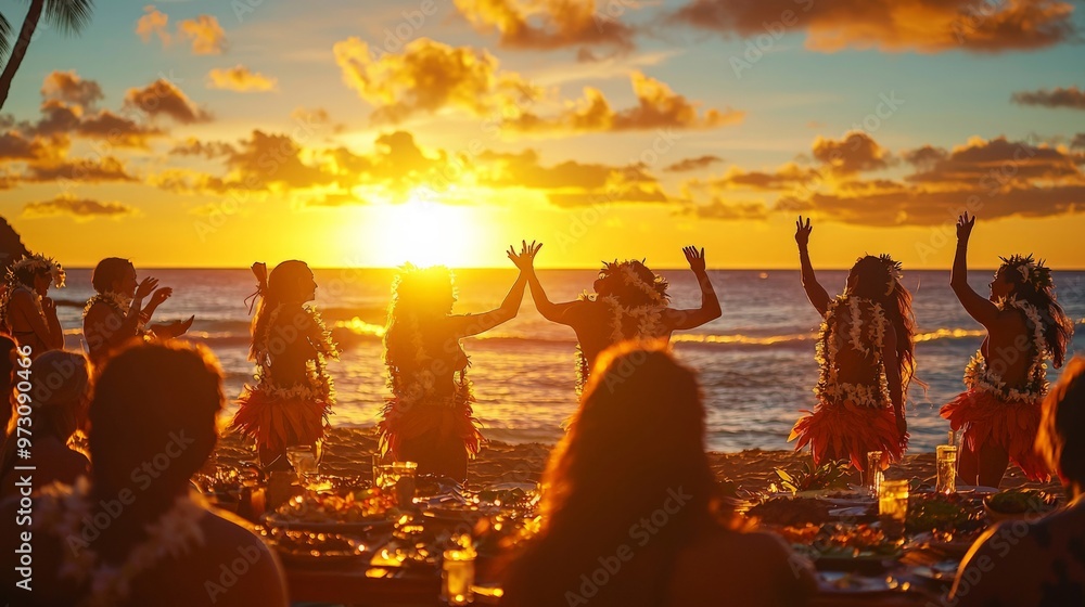 Wall mural traditional hawaiian luau on the beach, with dancers performing the hula, a feast of local dishes, a