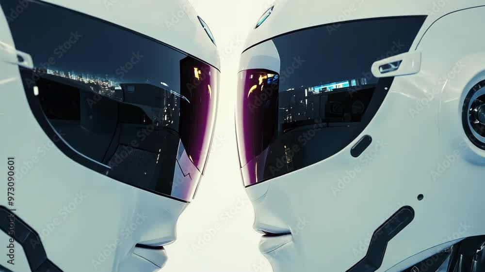 Poster two futuristic robots face each other in a high-tech environment showcasing advanced artificial inte