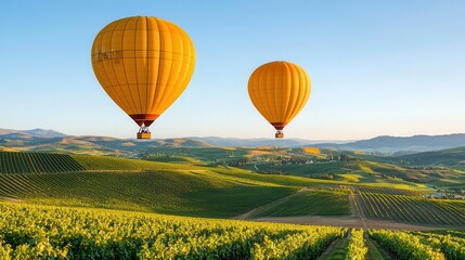 Fototapeta premium Hot air balloons floating over a valley of vineyards, clear blue sky and rows of green vines below, Warm light, peaceful, natural beauty