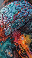 Abstract illustration of a vibrant human brain in light blue with colorful vasculature evokes creativity and imagination, lacking specific real-world context.