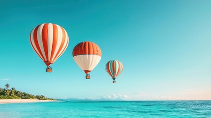 Fototapeta premium A group of hot air balloons floating above a tropical island, clear turquoise waters below, Bright sunlight, clear sky, vibrant colors