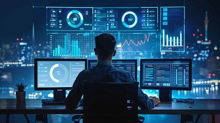 A man works diligently at a desk with 3 monitors in a dark office at night. He focuses on data analysis with colorful graphs, surrounded by essential accessories and a balanced workspace design.