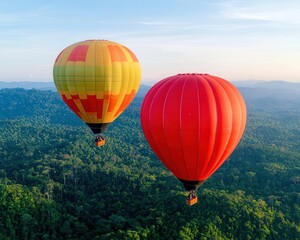 Naklejka premium Hot air balloons soaring over a tropical rainforest, clear sky and lush greenery stretching below, Bright colors, soft light, natural beauty
