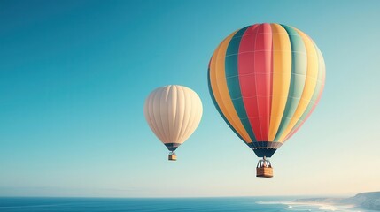 Fototapeta premium Hot air balloons soaring above a coastal town, clear sky and ocean waves rolling below, Bright sunlight, vibrant colors, peaceful
