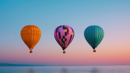 Fototapeta premium Vibrant hot air balloons drifting over a quiet beach at sunrise, the sky painted with soft pinks and oranges, Tranquil, soft light, serene