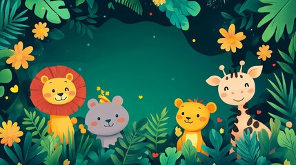 Four Cartoon Animals Surrounded by Lush Green Foliage