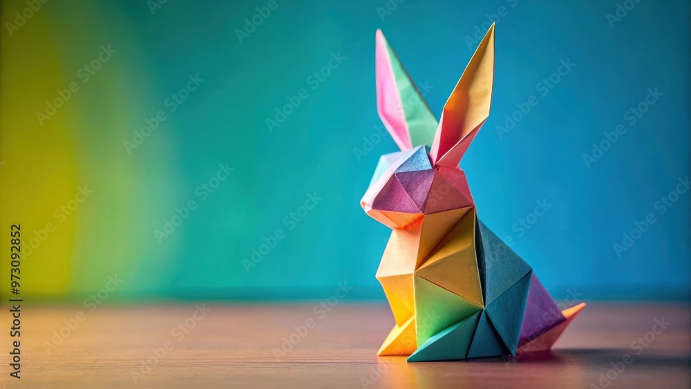 Poster origami rabbit made from colorful paper on a bright background