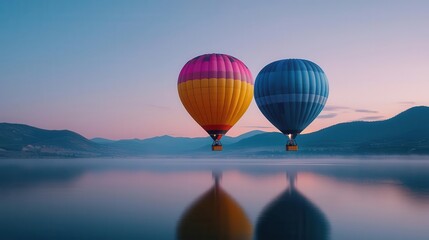 Vibrant hot air balloons drifting over a calm lake at dawn, the water reflecting the clear sky, Tranquil, soft light, serene atmosphere