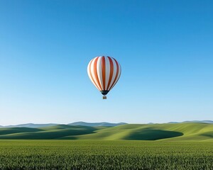 Naklejka premium A lone hot air balloon soaring over a wide expanse of rolling green hills under a clear blue sky, Peaceful, bright light, serene