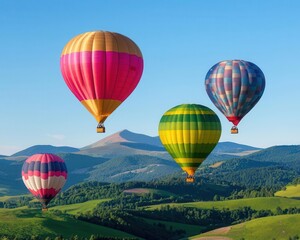 Obraz premium A group of hot air balloons soaring over a lush green valley, clear sky above and mountains in the distance, Natural beauty, soft light, peaceful