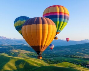 Fototapeta premium A group of hot air balloons soaring over a lush green valley, clear sky above and mountains in the distance, Natural beauty, soft light, peaceful