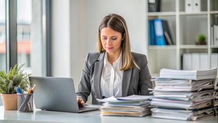Workaholic female accountant with many Files at office desk