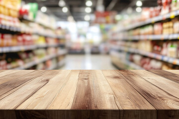Empty wood table top with blurry supermarket background