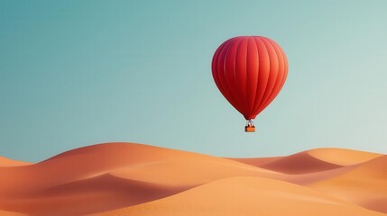 Obraz premium A single hot air balloon rising above a vast desert, with sand dunes and a bright clear sky, Minimalist, warm tones, peaceful