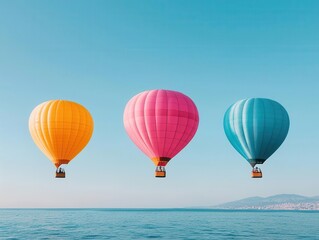 Fototapeta premium Colorful hot air balloons floating over a calm ocean, with the clear sky stretching endlessly, Tranquil, soft light, serene