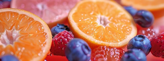 Close-up of fresh citrus slices with blueberries and raspberries