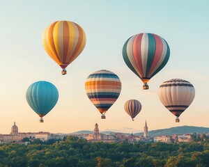 Naklejka premium A cluster of hot air balloons floating over a city park on a bright clear day, Urban landscape, cheerful atmosphere, soft light