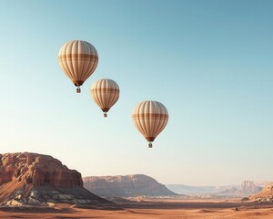 Fototapeta premium Hot air balloons drifting over a canyon, the clear sky contrasting with the red rock formations below, Warm tones, bright sunlight, dramatic landscape