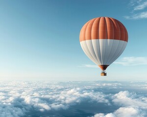 Fototapeta premium A single hot air balloon floating high above the clouds, with a bright blue sky and the earth far below, Dreamlike, soft sunlight, ethereal
