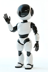 Fototapeta premium Cute humanoid robot with a glossy black and white finish, smiling and waving with a friendly expression against a light background