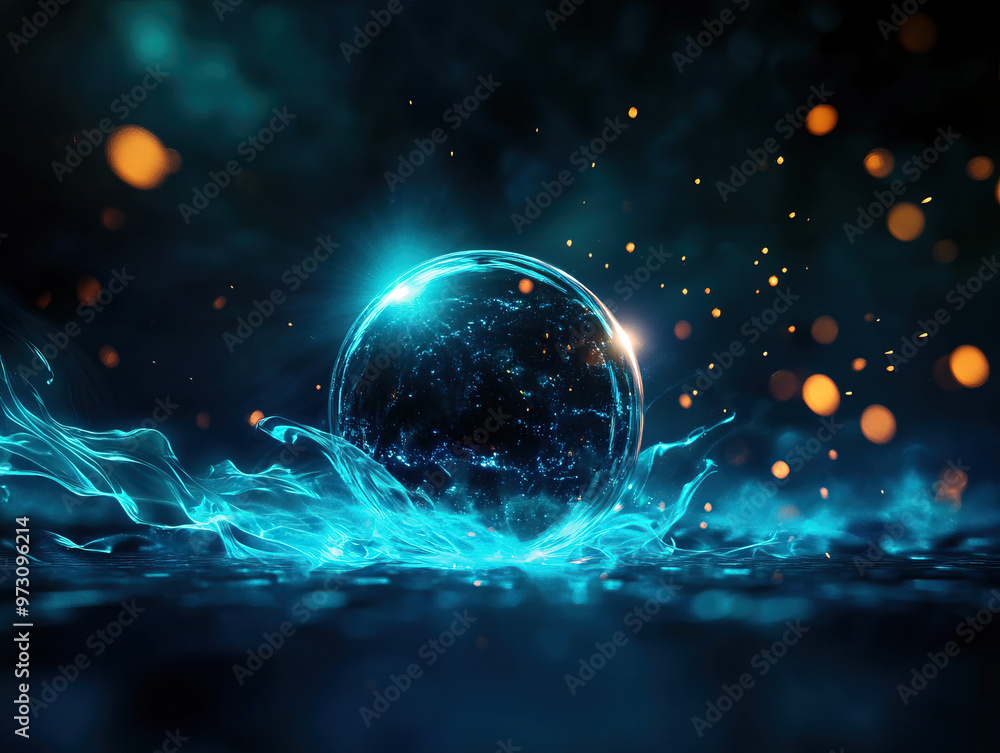 Poster a mesmerizing close-up of a glowing sphere surrounded by shimmering blue waves and sparkling lights,