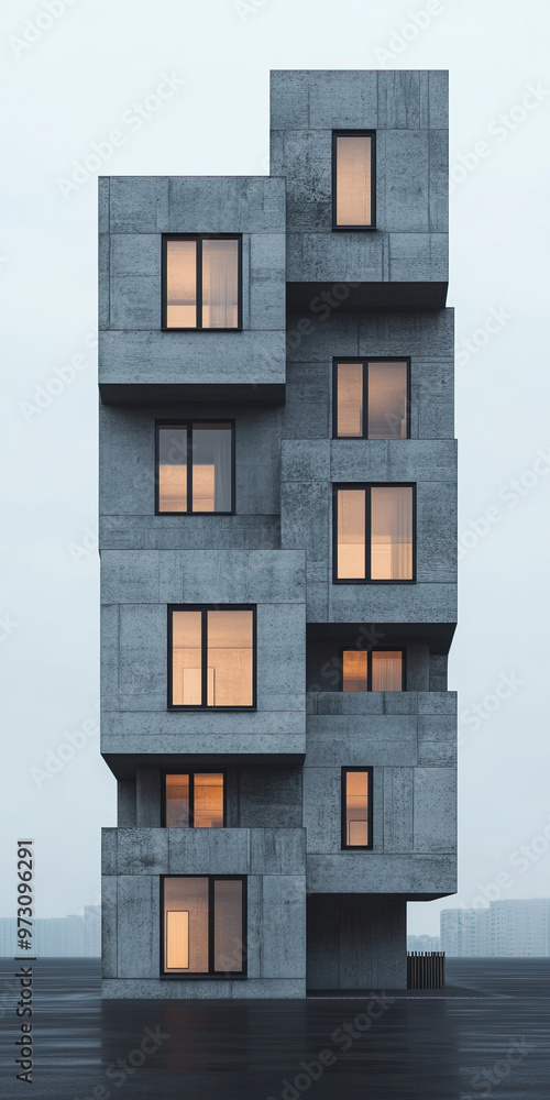 Poster a modern abstract building design featuring stacked concrete volumes and illuminated windows against