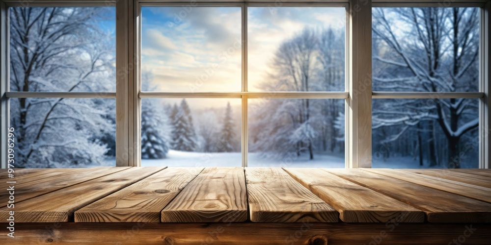 Poster Empty wooden table with a view of a winter-weather window
