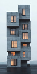 Naklejka premium A modern abstract building design featuring stacked concrete volumes and illuminated windows against a moody sky.