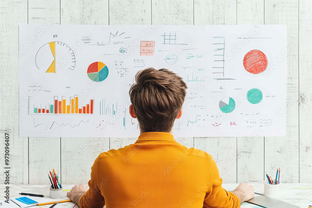 Poster a person analyzing data on a wall with colorful charts and graphs, focused on insights for business 