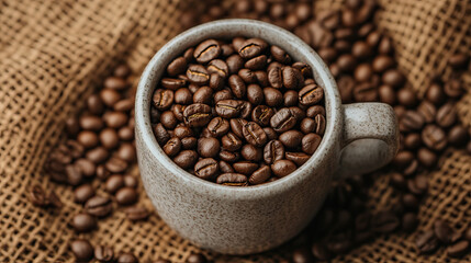 Fototapeta premium A rustic cup filled with fresh coffee beans on a textured burlap background, perfect for coffee lovers and food photography.