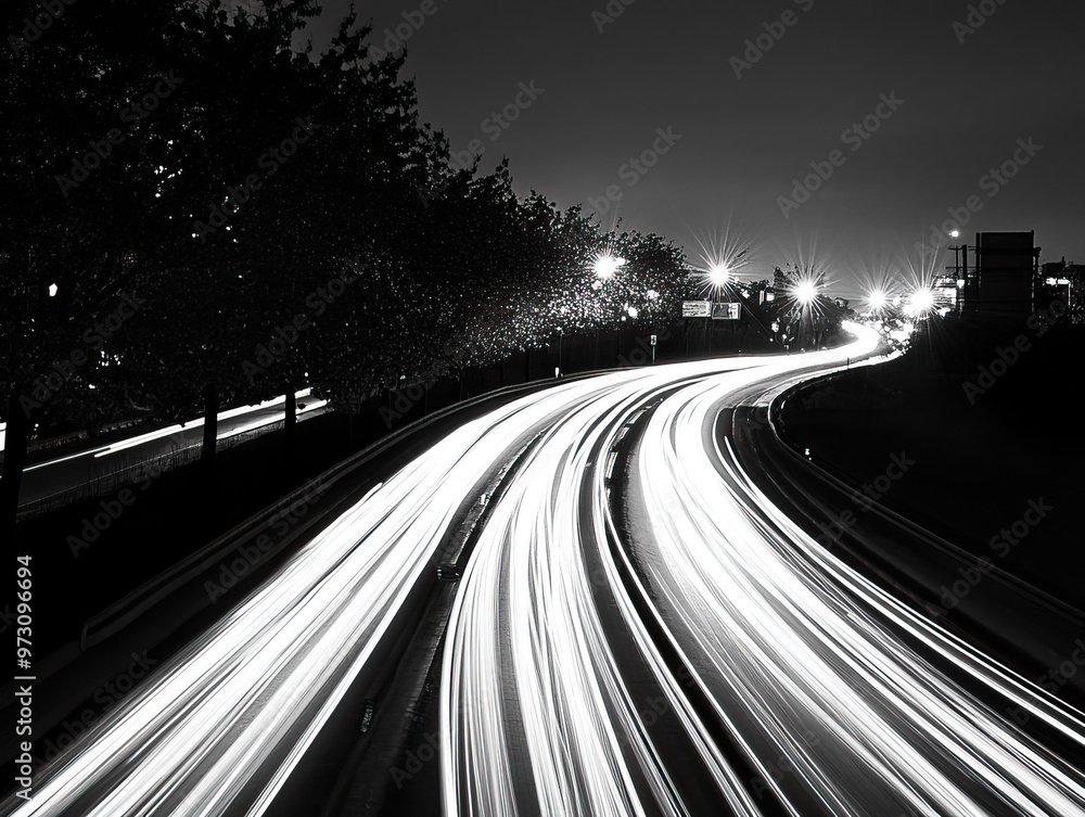 Poster a stunning black and white image capturing the dynamic flow of light trails on a highway at night, s