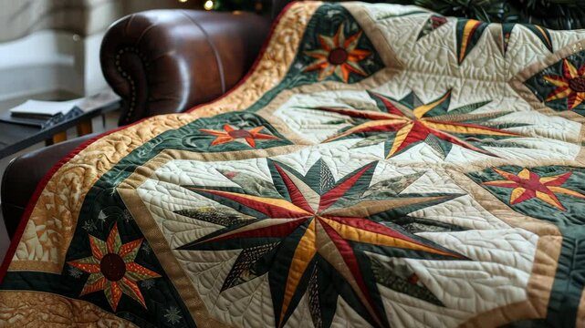 Creating a stunning patchwork quilt with intricate designs in a cozy living room setting