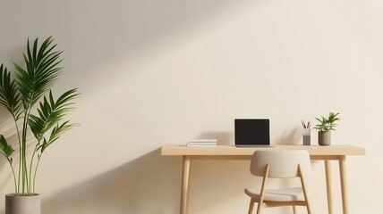 Minimalist Mujistyle home office with light wood desk, neutraltoned chair, and simple shelving, bathed in natural light, home office design, Muji style