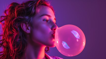 Naklejka premium beautiful young woman making a balloon with her gum with neon ambient lights