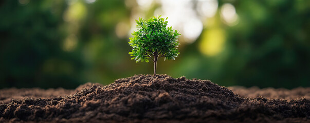 A vibrant young tree emerging from rich, dark soil, symbolizing growth and resilience in a lush natural setting.